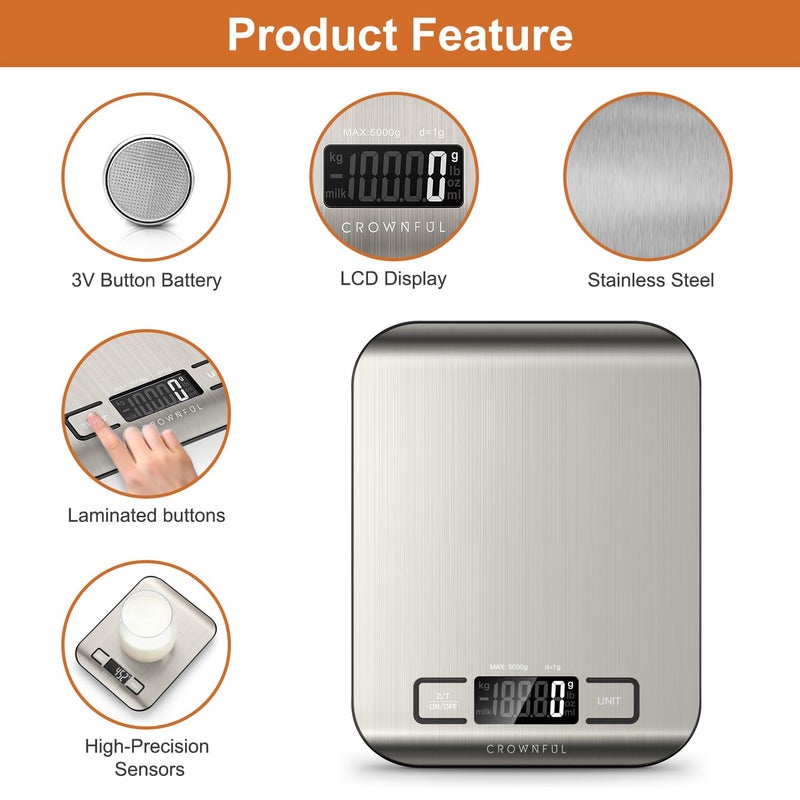 Crownful Food Scale, 11 lb Digital Kitchen Scales with Built-in Coin Battery, Weight Ounces and Grams for Cooking and Baking, 6 Units with Tare Function, LCD Display, 304 Stainless Steel - Image 4